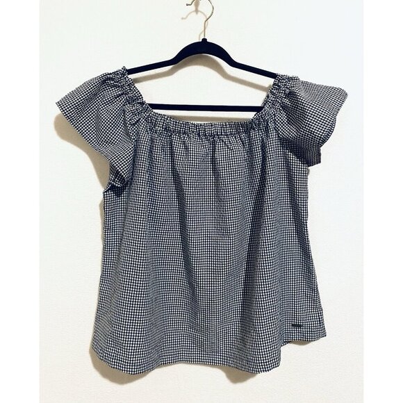 AX Armani Exchange Top Womens Large Navy Blue Gingham Ruffle Sleeve Cottagecore - Picture 1 of 8